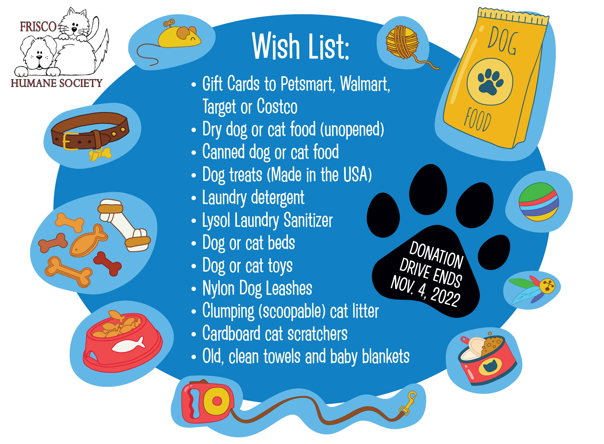 RxSmile donation drive Wish List for Frisco Humane Society