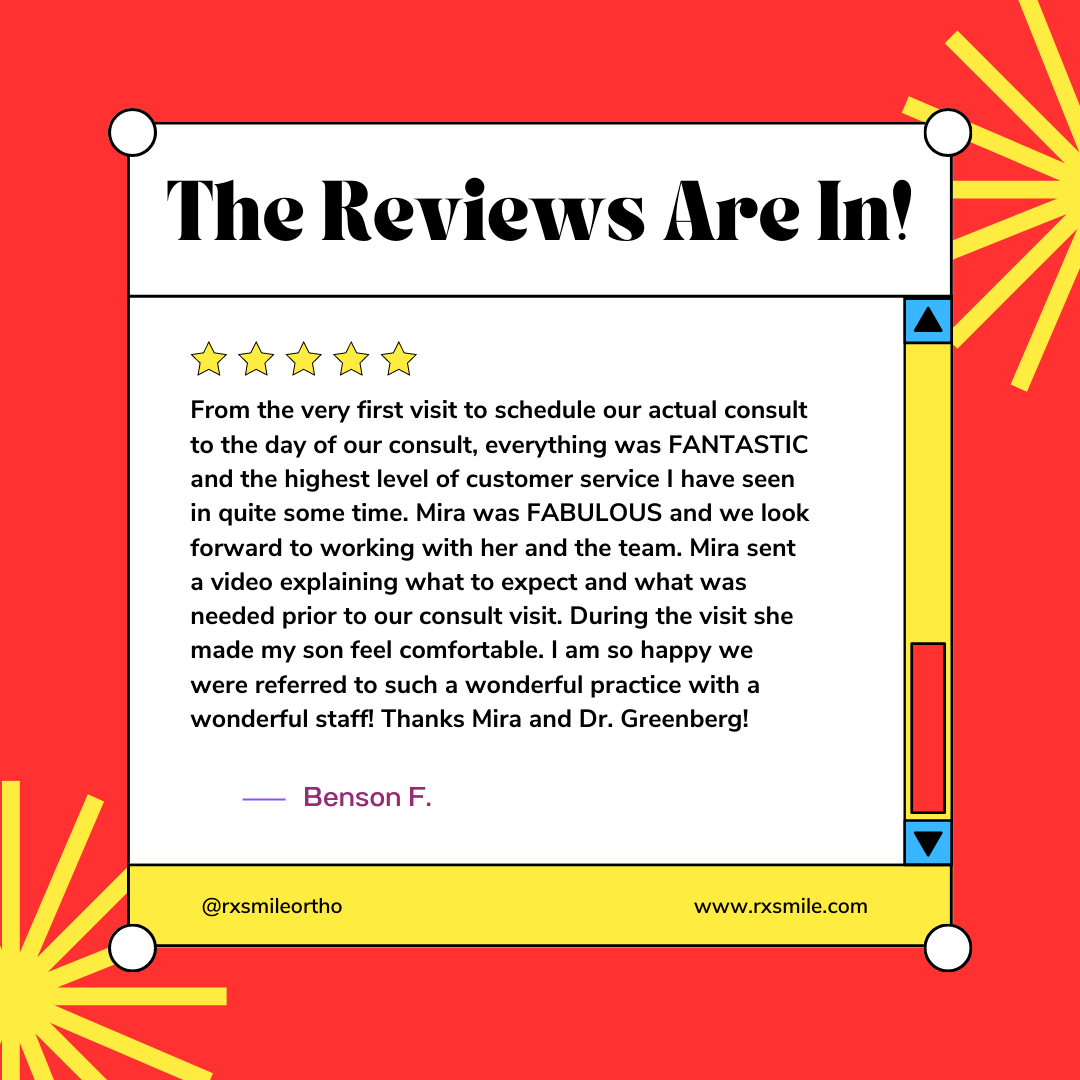 Rave review for RxSmile Orthodontics by patient Benson F.